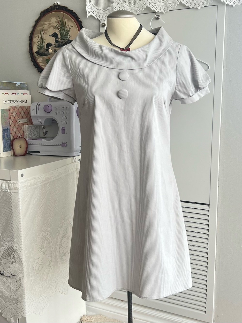Vintage 90s Final Touch white stripes button whimsy Peter Pan collar mini dress